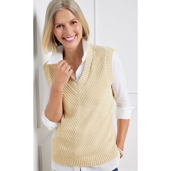 Talbots Sweaters - Talbots Chevron Knit Sweater Vest Cream‎ V-neck Pullover Academia Large Petite